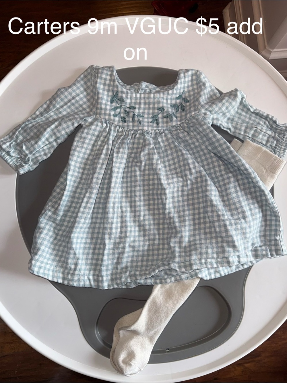 Carter's Light Blue & White Gingham Dress with Floral Embroidery